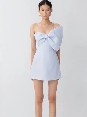 Sau Lee Strapless Mini Dress with Sculpted Bow in Light Blue